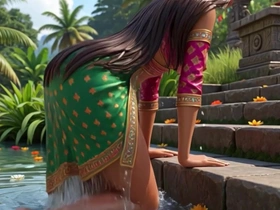 Beautiful Indian Girls with Very Big Boobs Pose Provocatively Bathing in Ganges and Manor-house Pool Cartoon Style